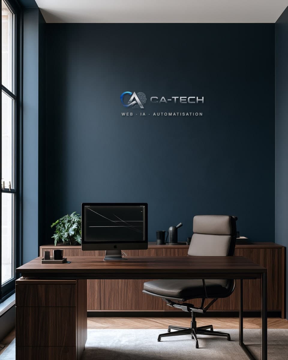 Bureau de direction aux murs bleu marine portant le logo CA-TECH et la mention Web, IA, Automatisation, bureau en bois sombre, écran et fauteuil.