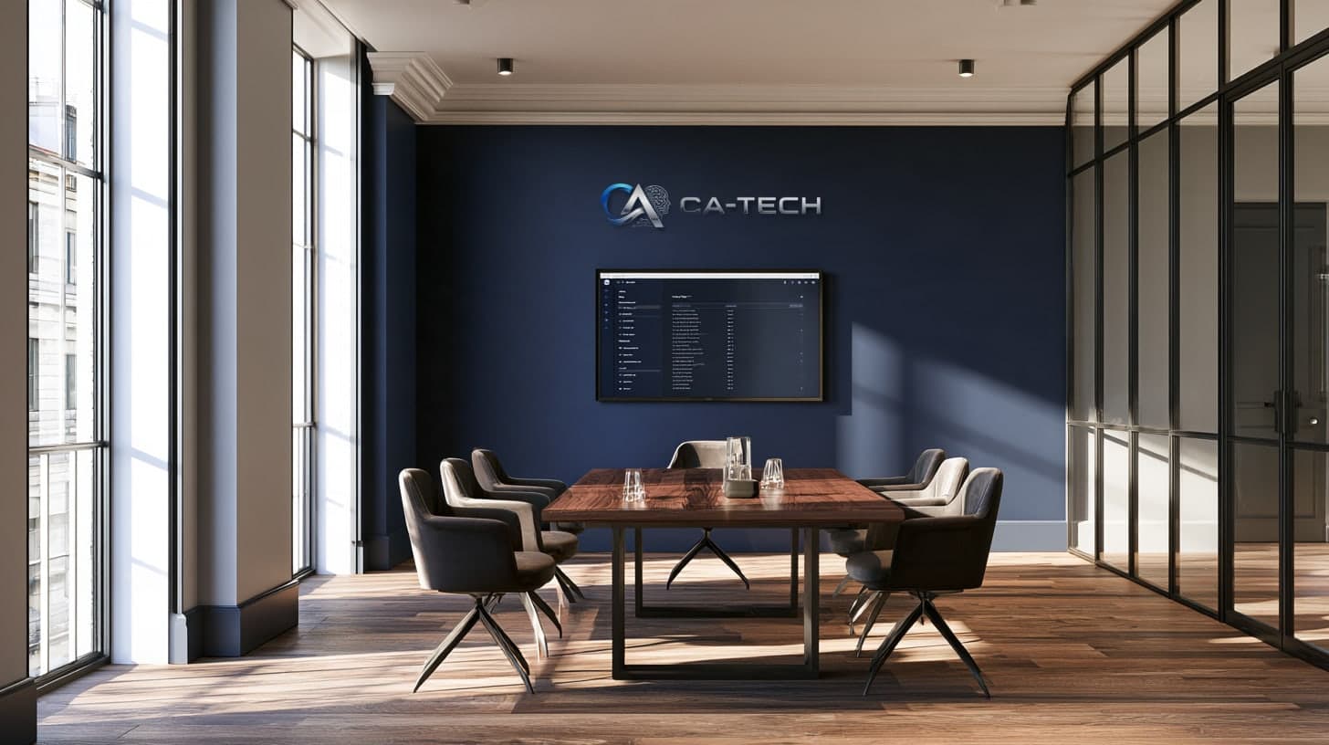 Salle de réunion aux murs bleu marine portant le logo CA-TECH, grande table en bois sombre, six fauteuils et lumière naturelle.